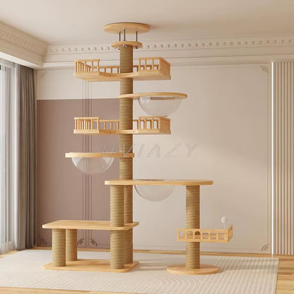 Multi-Level Floor-To-Ceiling Cat Tree Wood Climbing Frame Tree Scratching Sisal Pillar Jumping Platform Tower Height 250-270Cm