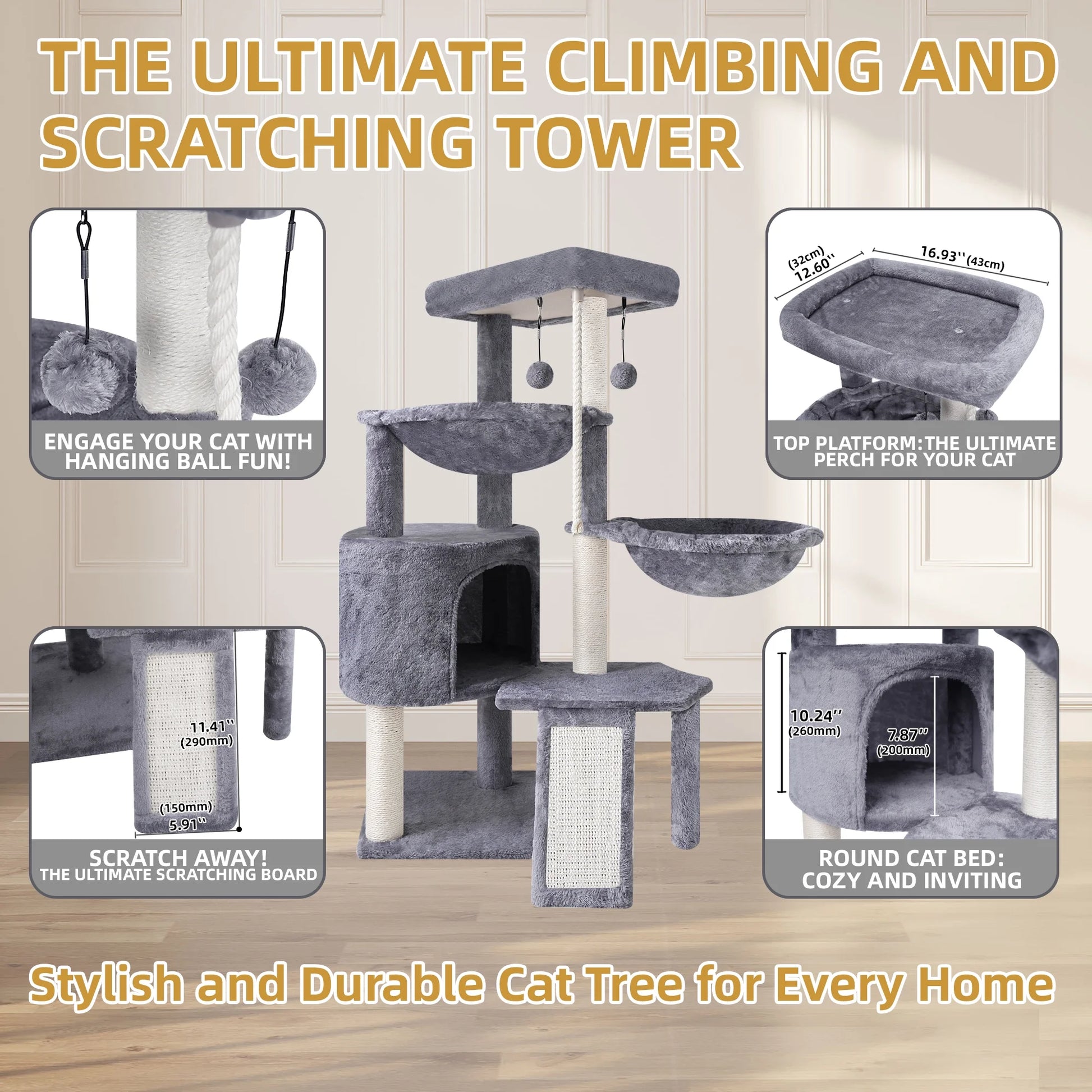 Cat Tree Cat Tower with Cat Scratching Posts,Activity Centre Climbing Tree Cat Furniture with Cat Condo and Two Hammocks,Beige